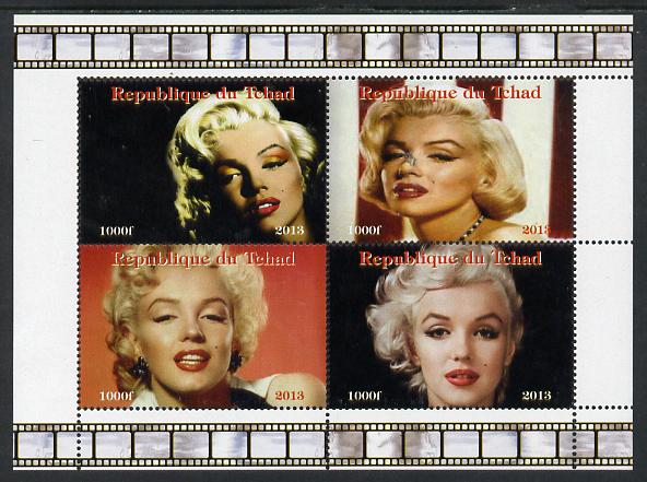 Chad 2013 Marilyn Monroe #2 perf sheetlet containing 4 vals unmounted mint. Note this item is privately produced and is offered purely on its thematic appeal. , stamps on personalities, stamps on films, stamps on cinema, stamps on movies, stamps on music, stamps on marilyn, stamps on monroe