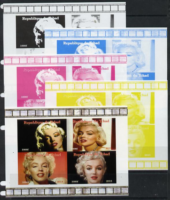 Chad 2013 Marilyn Monroe #2 sheetlet containing 4 vals - the set of 5 imperf progressive colour proofs comprising the 4 basic colours plus all 4-colour composite unmounte..., stamps on personalities, stamps on films, stamps on cinema, stamps on movies, stamps on music, stamps on marilyn, stamps on monroe