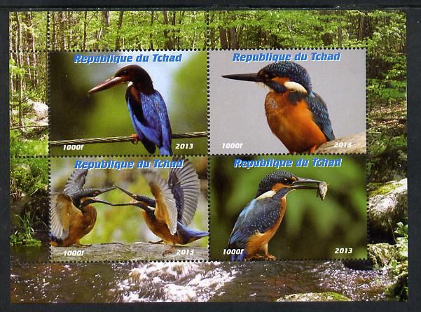 Chad 2013 Birds - Kingfishers perf sheetlet containing 4 vals unmounted mint. Note this item is privately produced and is offered purely on its thematic appeal. , stamps on birds, stamps on kingfishers