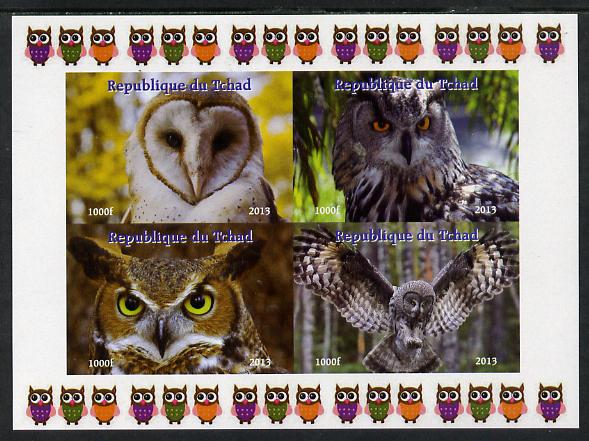 Chad 2013 Birds - Owls #1 imperf sheetlet containing 4 vals unmounted mint. Note this item is privately produced and is offered purely on its thematic appeal. , stamps on , stamps on  stamps on birds, stamps on  stamps on birds of prey, stamps on  stamps on owls