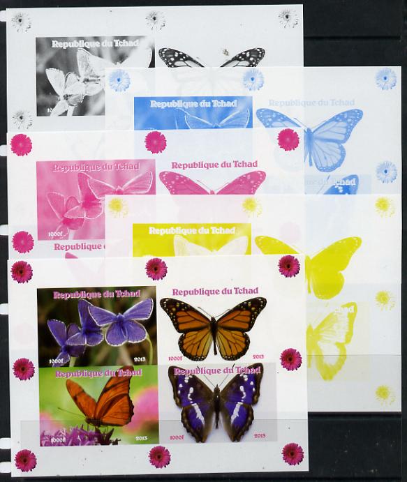 Chad 2013 Butterflies #06 sheetlet containing 4 vals - the set of 5 imperf progressive colour proofs comprising the 4 basic colours plus all 4-colour composite unmounted ..., stamps on butterflies