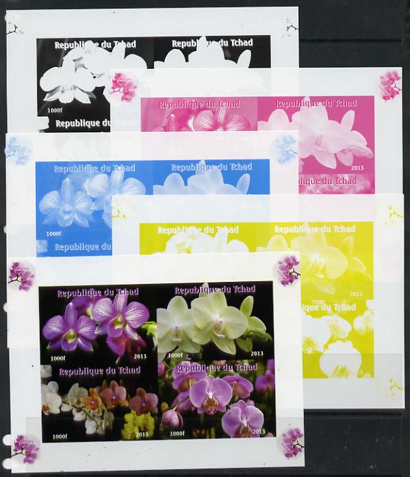 Chad 2013 Orchids sheetlet containing 4 vals - the set of 5 imperf progressive colour proofs comprising the 4 basic colours plus all 4-colour composite unmounted mint, stamps on , stamps on  stamps on flowers, stamps on  stamps on orchids