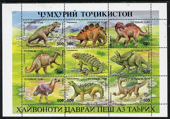 Tadjikistan 1995 Dinosaurs m/sheet containing set of 8 plus label unmounted mint, stamps on , stamps on  stamps on animals      dinosaurs