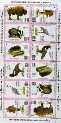 Byelorussian Nature Protection Society 1995 WWF sheetlet of 12 stamps (2 sets of 6 arranged tete-beche) with pink borders unmounted mint, stamps on , stamps on  stamps on wwf     animals     bovine    birds of prey    badger   , stamps on  stamps on  wwf , stamps on  stamps on 