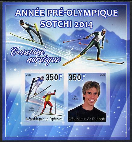 Djibouti 2013 Sochi Winter Olympics - Combined Skiing imperf sheetlet containing 2 values unmounted mint, stamps on olympics, stamps on  ice , stamps on  skiing