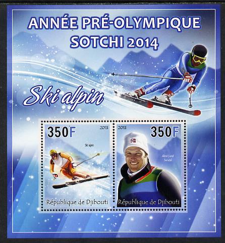 Djibouti 2013 Sochi Winter Olympics - Alpine Skiing perf sheetlet containing 2 values unmounted mint, stamps on , stamps on  stamps on olympics, stamps on  stamps on  ice , stamps on  stamps on  skiing