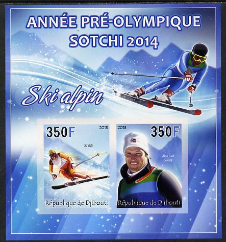 Djibouti 2013 Sochi Winter Olympics - Alpine Skiing imperf sheetlet containing 2 values unmounted mint, stamps on olympics, stamps on  ice , stamps on  skiing