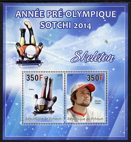 Djibouti 2013 Sochi Winter Olympics - Skeleton perf sheetlet containing 2 values unmounted mint, stamps on , stamps on  stamps on olympics, stamps on  stamps on  ice , stamps on  stamps on  bobsled, stamps on  stamps on skeleton