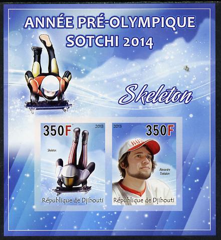 Djibouti 2013 Sochi Winter Olympics - Skeleton imperf sheetlet containing 2 values unmounted mint, stamps on , stamps on  stamps on olympics, stamps on  stamps on  ice , stamps on  stamps on  bobsled, stamps on  stamps on skeleton