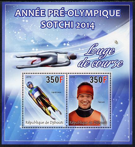 Djibouti 2013 Sochi Winter Olympics - Luge perf sheetlet containing 2 values unmounted mint, stamps on olympics, stamps on  ice , stamps on  bobsled, stamps on luge