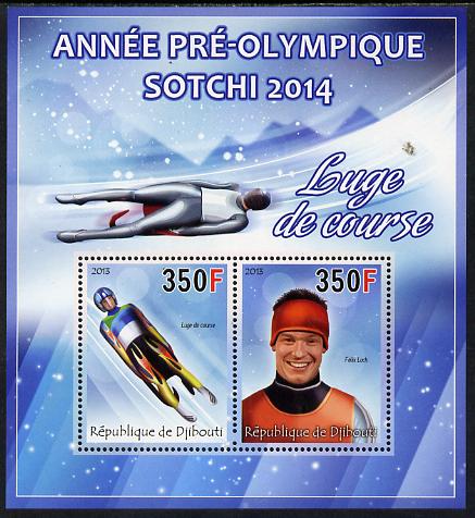 Djibouti 2013 Sochi Winter Olympics - Luge perf sheetlet containing 2 values unmounted mint, stamps on , stamps on  stamps on olympics, stamps on  stamps on  ice , stamps on  stamps on  bobsled, stamps on  stamps on luge