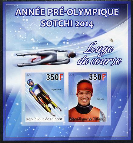Djibouti 2013 Sochi Winter Olympics - Luge imperf sheetlet containing 2 values unmounted mint, stamps on olympics, stamps on  ice , stamps on  bobsled, stamps on luge
