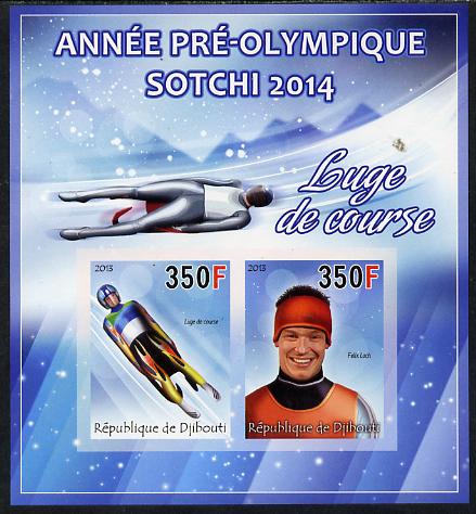 Djibouti 2013 Sochi Winter Olympics - Luge imperf sheetlet containing 2 values unmounted mint, stamps on , stamps on  stamps on olympics, stamps on  stamps on  ice , stamps on  stamps on  bobsled, stamps on  stamps on luge