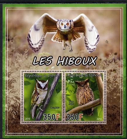Djibouti 2013 Owls #2 perf sheetlet containing 2 values unmounted mint, stamps on birds, stamps on birds of prey, stamps on owls
