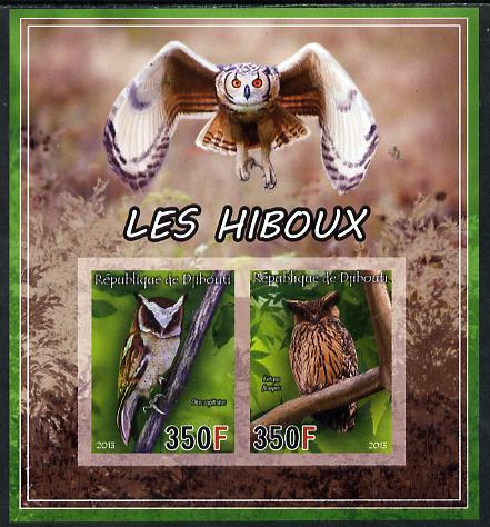 Djibouti 2013 Owls #2 imperf sheetlet containing 2 values unmounted mint, stamps on birds, stamps on birds of prey, stamps on owls