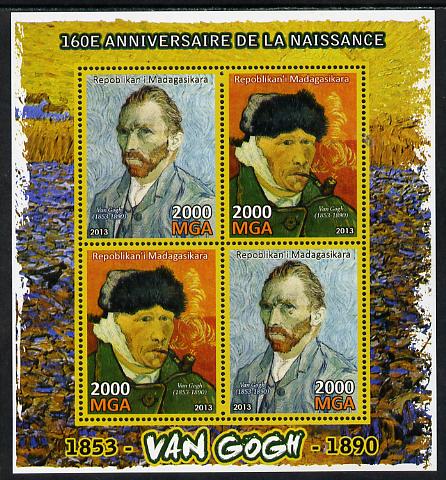 Madagascar 2013 160th Birth Anniversary of Vincent Van Gogh perf sheetlet containing 4 values unmounted mint, stamps on personalities, stamps on arts, stamps on van gogh