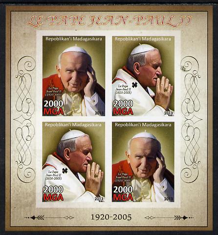 Madagascar 2013 Pope John Paul II imperf sheetlet containing 4 values unmounted mint, stamps on personalities, stamps on popes, stamps on pope, stamps on religion