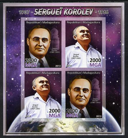 Madagascar 2013 Sergei Korolev (rocket engineer) imperf sheetlet containing 4 values unmounted mint, stamps on personalities, stamps on space, stamps on rockets