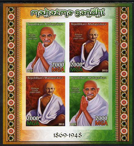 Madagascar 2013 Mahatma Gandhi imperf sheetlet containing 4 values unmounted mint, stamps on , stamps on  stamps on personalities, stamps on  stamps on gandhi, stamps on  stamps on constitutions