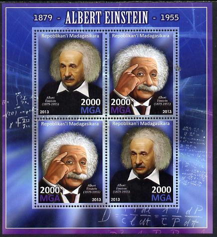 Madagascar 2013 Albert Einstein perf sheetlet containing 4 values unmounted mint, stamps on , stamps on  stamps on personalities, stamps on  stamps on einstein, stamps on  stamps on science, stamps on  stamps on physics, stamps on  stamps on nobel, stamps on  stamps on maths, stamps on  stamps on space, stamps on  stamps on judaica, stamps on  stamps on atomics, stamps on  stamps on mathematics, stamps on  stamps on judaism