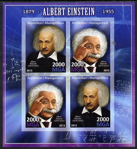 Madagascar 2013 Albert Einstein imperf sheetlet containing 4 values unmounted mint, stamps on personalities, stamps on einstein, stamps on science, stamps on physics, stamps on nobel, stamps on maths, stamps on space, stamps on judaica, stamps on atomics, stamps on mathematics, stamps on judaism