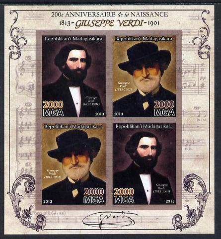 Madagascar 2013 200th Birth Anniversary of Giuseppe Verdi imperf sheetlet containing 4 values unmounted mint, stamps on , stamps on  stamps on personalities, stamps on  stamps on verdi, stamps on  stamps on opera, stamps on  stamps on music, stamps on  stamps on composers, stamps on  stamps on 