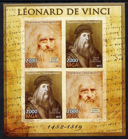 Madagascar 2013 Leonardo da Vinci imperf sheetlet containing 4 values unmounted mint, stamps on , stamps on  stamps on personalities, stamps on  stamps on leonardo, stamps on  stamps on da vinci, stamps on  stamps on arts, stamps on  stamps on science, stamps on  stamps on maths, stamps on  stamps on sculpture, stamps on  stamps on inventor