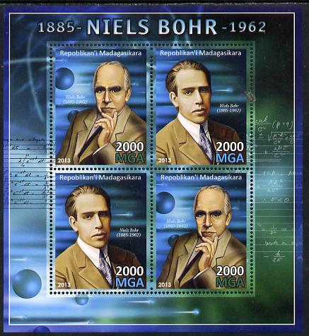 Madagascar 2013 Niels Bohr (physicist) perf sheetlet containing 4 values unmounted mint, stamps on , stamps on  stamps on personalities, stamps on  stamps on science, stamps on  stamps on physics, stamps on  stamps on atomics, stamps on  stamps on 