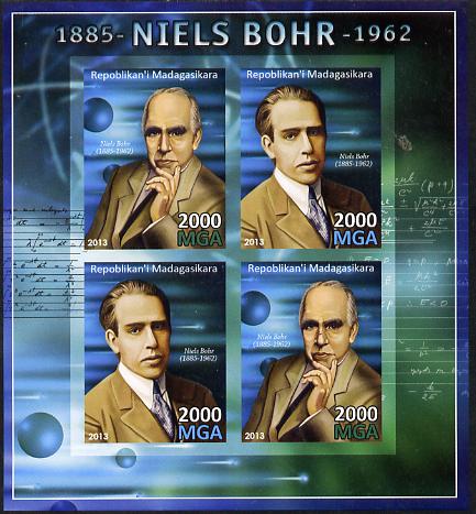 Madagascar 2013 Niels Bohr (physicist) imperf sheetlet containing 4 values unmounted mint, stamps on , stamps on  stamps on personalities, stamps on  stamps on science, stamps on  stamps on physics, stamps on  stamps on atomics, stamps on  stamps on 