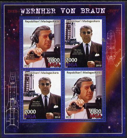 Madagascar 2013 Wernher von Braun (rocket engineer) perf sheetlet containing 4 values unmounted mint, stamps on personalities, stamps on space, stamps on rockets