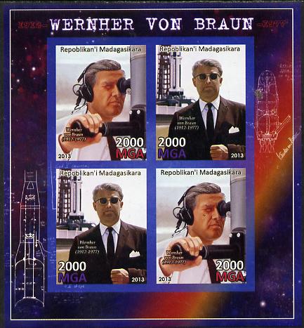 Madagascar 2013 Wernher von Braun (rocket engineer) imperf sheetlet containing 4 values unmounted mint, stamps on personalities, stamps on space, stamps on rockets