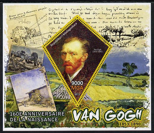 Madagascar 2013 160th Birth Anniversary of Vincent Van Gogh perf deluxe sheet containing one diamond shaped value unmounted mint, stamps on personalities, stamps on arts, stamps on van gogh, stamps on shaped, stamps on diamond