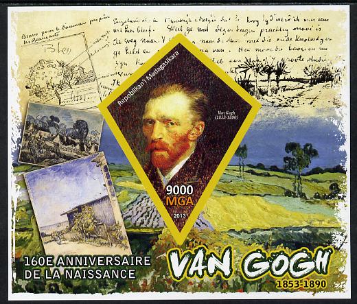 Madagascar 2013 160th Birth Anniversary of Vincent Van Gogh imperf deluxe sheet containing one diamond shaped value unmounted mint, stamps on , stamps on  stamps on personalities, stamps on  stamps on arts, stamps on  stamps on van gogh, stamps on  stamps on shaped, stamps on  stamps on diamond