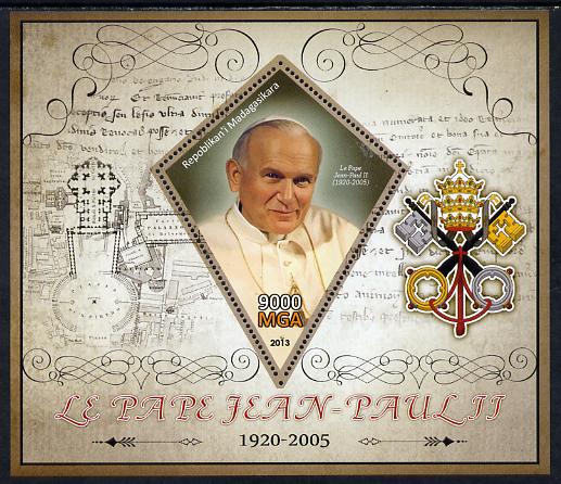 Madagascar 2013 Pope John Paul II perf deluxe sheet containing one diamond shaped value unmounted mint, stamps on , stamps on  stamps on personalities, stamps on  stamps on popes, stamps on  stamps on pope, stamps on  stamps on religion, stamps on  stamps on shaped, stamps on  stamps on diamond