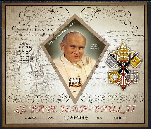 Madagascar 2013 Pope John Paul II imperf deluxe sheet containing one diamond shaped value unmounted mint, stamps on , stamps on  stamps on personalities, stamps on  stamps on popes, stamps on  stamps on pope, stamps on  stamps on religion, stamps on  stamps on shaped, stamps on  stamps on diamond