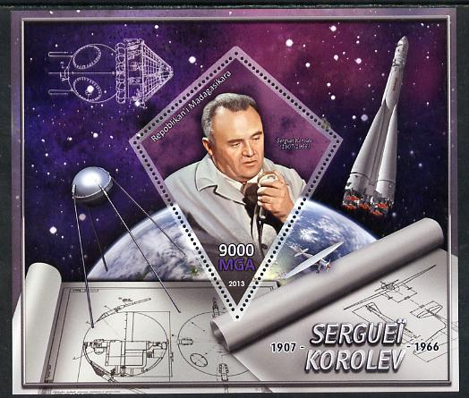 Madagascar 2013 Sergei Korolev (rocket engineer) perf deluxe sheet containing one diamond shaped value unmounted mint, stamps on personalities, stamps on space, stamps on rockets, stamps on shaped, stamps on diamond