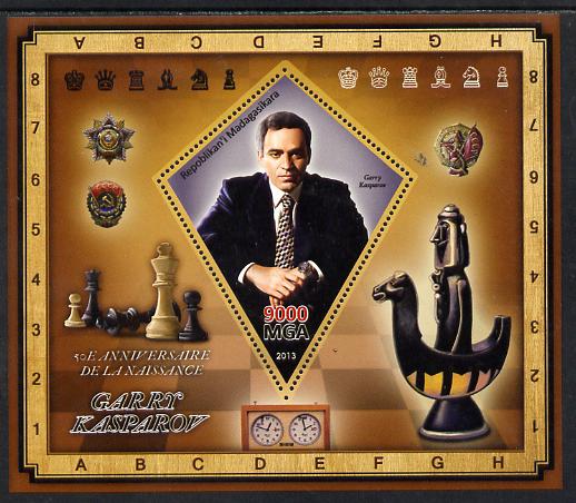 Madagascar 2013 Garry Kasparov (chess) perf deluxe sheet containing one diamond shaped value unmounted mint, stamps on , stamps on  stamps on personalities, stamps on  stamps on chess, stamps on  stamps on shaped, stamps on  stamps on diamond