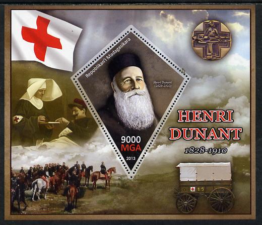 Madagascar 2013 Henry Dunant perf deluxe sheet containing one diamond shaped value unmounted mint, stamps on personalities, stamps on dunant, stamps on red cross, stamps on shaped, stamps on diamond