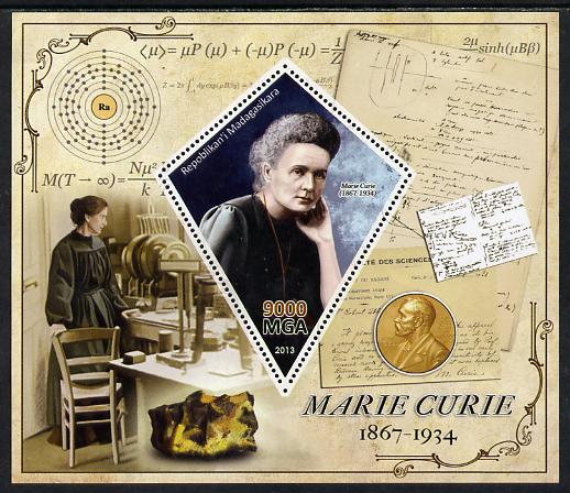 Madagascar 2013 Marie Curie perf deluxe sheet containing one diamond shaped value unmounted mint, stamps on personalities, stamps on nobel, stamps on women, stamps on medical, stamps on physics, stamps on chemistry, stamps on cancer, stamps on diseases, stamps on shaped, stamps on diamond