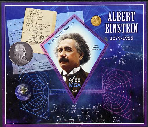 Madagascar 2013 Albert Einstein perf deluxe sheet containing one diamond shaped value unmounted mint, stamps on personalities, stamps on einstein, stamps on science, stamps on physics, stamps on nobel, stamps on maths, stamps on space, stamps on judaica, stamps on atomics, stamps on mathematics, stamps on judaism, stamps on shaped, stamps on diamond