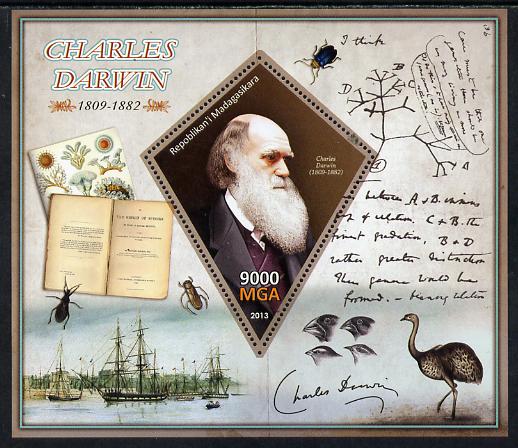 Madagascar 2013 Charles Darwin perf deluxe sheet containing one diamond shaped value unmounted mint, stamps on , stamps on  stamps on personalities, stamps on  stamps on science, stamps on  stamps on animals, stamps on  stamps on insects, stamps on  stamps on shaped, stamps on  stamps on diamond