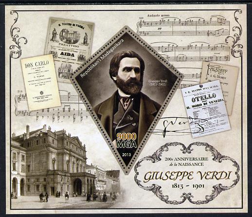 Madagascar 2013 200th Birth Anniversary of Giuseppe Verdi perf deluxe sheet containing one diamond shaped value unmounted mint, stamps on personalities, stamps on verdi, stamps on opera, stamps on music, stamps on composers, stamps on , stamps on shaped, stamps on diamond