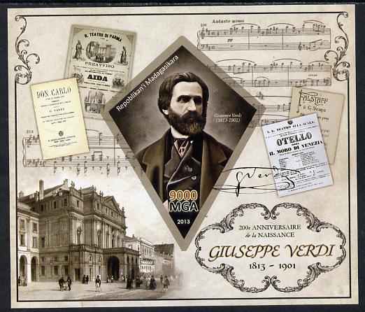 Madagascar 2013 200th Birth Anniversary of Giuseppe Verdi imperf deluxe sheet containing one diamond shaped value unmounted mint, stamps on personalities, stamps on verdi, stamps on opera, stamps on music, stamps on composers, stamps on , stamps on shaped, stamps on diamond
