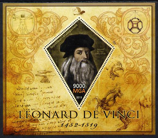 Madagascar 2013 Leonardo da Vinci perf deluxe sheet containing one diamond shaped value unmounted mint, stamps on , stamps on  stamps on personalities, stamps on  stamps on leonardo, stamps on  stamps on da vinci, stamps on  stamps on arts, stamps on  stamps on science, stamps on  stamps on maths, stamps on  stamps on sculpture, stamps on  stamps on inventor, stamps on  stamps on shaped, stamps on  stamps on diamond