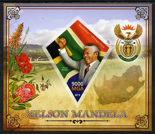 Madagascar 2013 Nelson Mandela imperf deluxe sheet containing one diamond shaped value unmounted mint, stamps on personalities, stamps on mandela, stamps on nobel, stamps on peace, stamps on racism, stamps on human rights, stamps on shaped, stamps on diamond