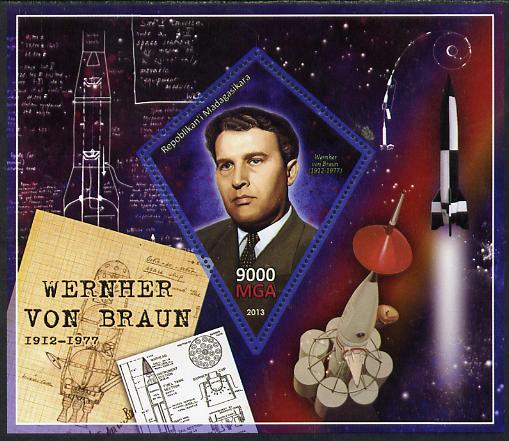 Madagascar 2013 Wernher von Braun (rocket engineer) perf deluxe sheet containing one diamond shaped value unmounted mint, stamps on personalities, stamps on space, stamps on rockets, stamps on shaped, stamps on diamond