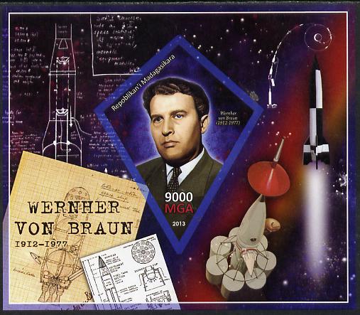 Madagascar 2013 Wernher von Braun (rocket engineer) imperf deluxe sheet containing one diamond shaped value unmounted mint, stamps on personalities, stamps on space, stamps on rockets, stamps on shaped, stamps on diamond