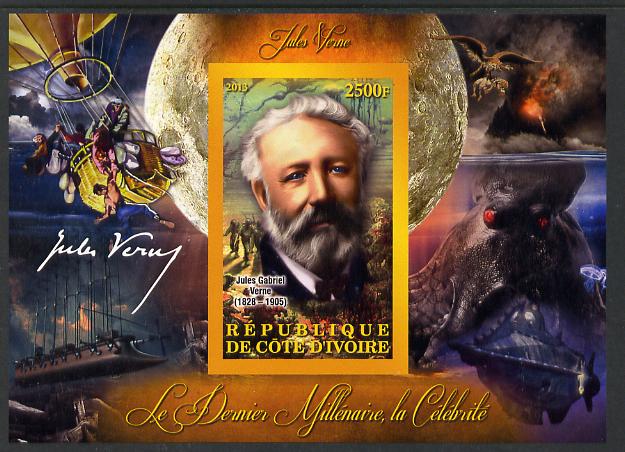 Ivory Coast 2013 Celebrities of the last Millennium - Jules Verne imperf deluxe sheet containing one rectangular value unmounted mint, stamps on personalities, stamps on millennium, stamps on literature, stamps on sci-fi, stamps on verne