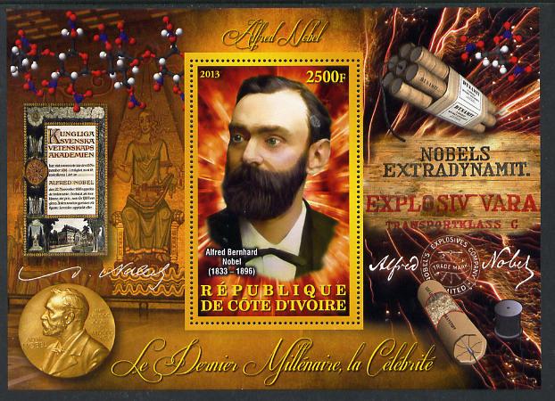 Ivory Coast 2013 Celebrities of the last Millennium - Alfred Nobel perf deluxe sheet containing one rectangular value unmounted mint, stamps on personalities, stamps on millennium, stamps on nobel, stamps on chemistry, stamps on 