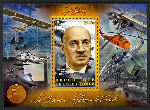 Ivory Coast 2013 Celebrities of the last Millennium - Igor Sikorsky perf deluxe sheet containing one rectangular value unmounted mint, stamps on personalities, stamps on millennium, stamps on aviation, stamps on helicopters, stamps on sikorsky, stamps on 